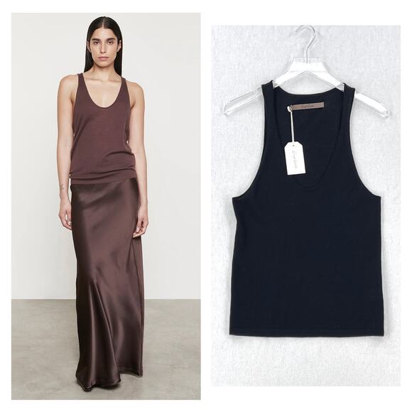 ENZA COSTA Tissue Cashmere Tank Top Womens Medium Black Scoop Knit Layering NEW - Picture 1 of 13